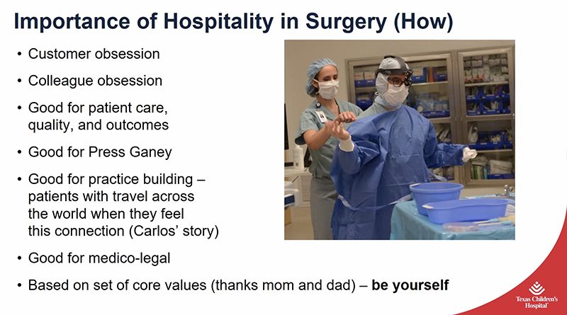 Slide from a presentation -- the slide is titled "Importance of Hospitality in Surgery (How)" - there is a photo of a surgeon getting PPE on in preparation for surgery